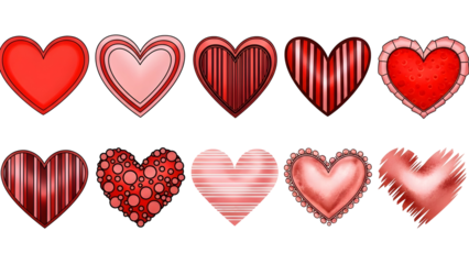 Collection of creatively designed red hearts with unique textures on transparent background