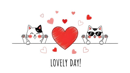 Two cute cats with a large heart and floating hearts on transparent background
