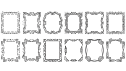 Intricate decorative frames and borders hand drawn style on transparent background