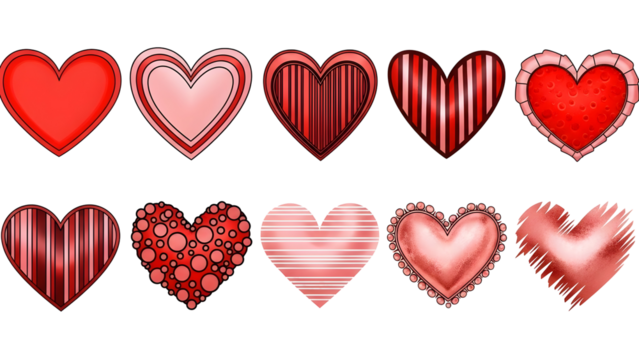 Collection of creatively designed red hearts with unique textures on transparent background - Powered by Adobe