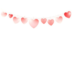 String of red hearts hanging with clothespins on transparent background