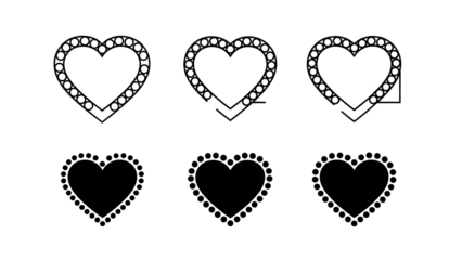 Three white hearts with dotted outlines on transparent background