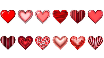Collection of diverse red hearts with varying textures on transparent background