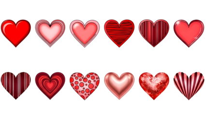 Collection of diverse red hearts with varying textures on transparent background