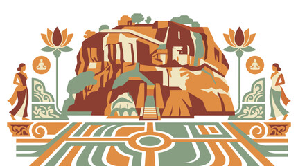 Serene temple on a hill with elegant ladies in traditional attire