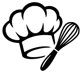 A black and white vector illustration depicting a chef's hat and a whisk