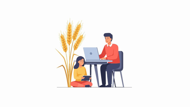 Couple by wheat stalks, one with laptop, other with tablet