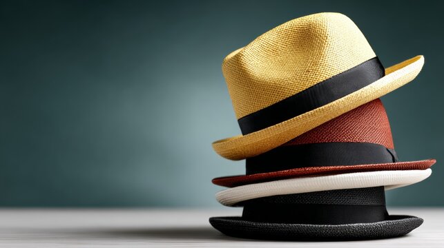 A stack of hats on a table, with one of them being a black and white hat. The hats are piled on top of each other, creating a sense of depth and dimension