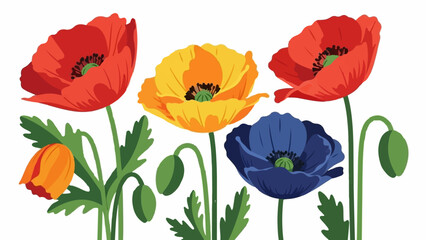 Fototapeta premium Colorful poppies in red, yellow, and blue with green leaves and buds