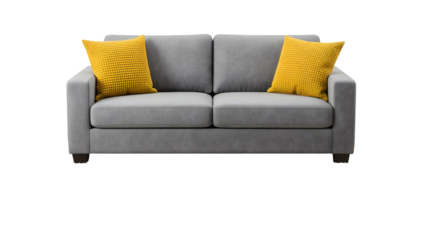 Gray loveseat sofa with yellow pillows isolated on transparent background