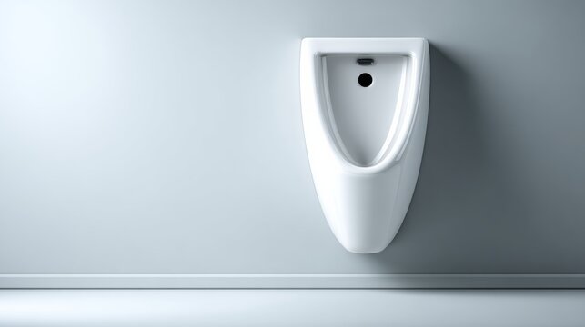 A white urinal is standing against a wall. The urinal is clean and unoccupied. Concept of cleanliness and orderliness