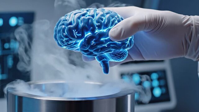 Neuroscience AI Interaction concept. Futuristic brain extraction in a lab setting with advanced technology.