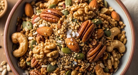 Fototapeta premium Gourmet mix of assorted nuts and seeds fills a rustic ceramic bowl.