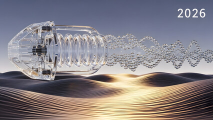 Futuristic device generating molecules over wavy water surface 2026