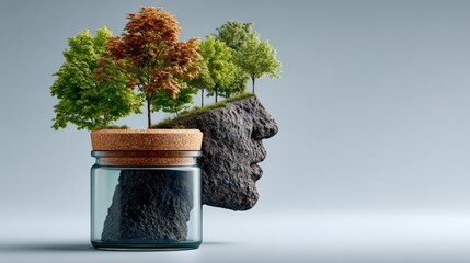 A glass jar with a tree inside of it is placed on a table. The jar is surrounded by a rock formation that looks like a face. Concept of nature and creativity, as the tree