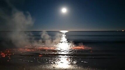 Magical bonfire sparks dance against a full moon over a tranquil ocean at night creating a mesmerizing and romantic coastal scene perfect for travel or lifestyle content