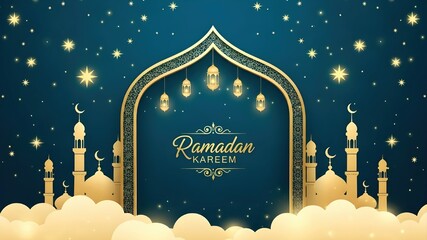 Ramadan Kareem Greeting Banner: Golden arch, hanging lanterns, mosque silhouettes, stars, clouds, teal background, Islamic festival invitation and celebration concept