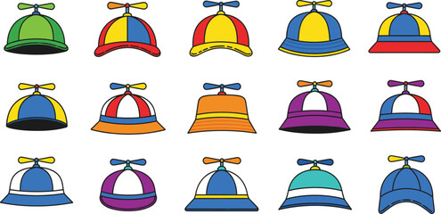 Collection of Colorful Propeller Hat Icons Featuring Various Designs Like Beanie Caps and Bucket Hats in Fun Vibrant Flat Vector Illustration Set. © Aminul