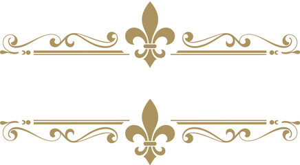 Elegant golden ornate flourish decorative elements, featuring fleur de lis motifs on white background, perfect for luxury branding, invitations, logos, frames, and decorative design projects. © Vector Gallery