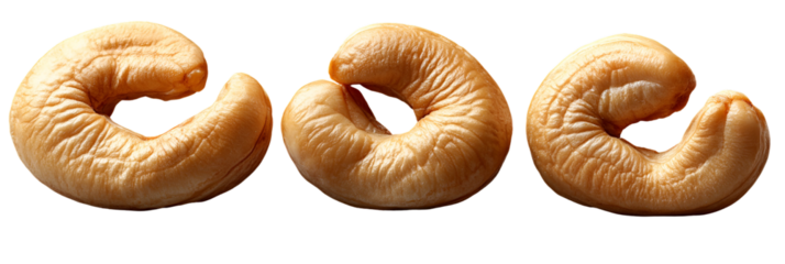 Three round baked items against transparent background