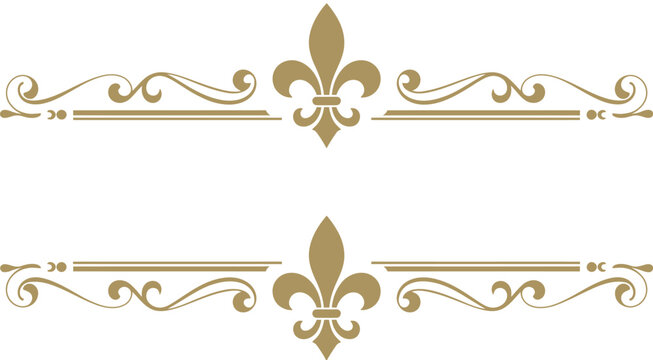 Elegant golden ornate flourish decorative elements, featuring fleur de lis motifs on white background, perfect for luxury branding, invitations, logos, frames, and decorative design projects.