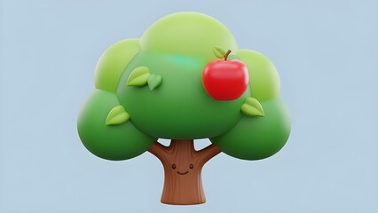 An adorable 3D illustration of an apple tree with bright red fruit. The tree character has a friendly, smiling expression, creating a cheerful and energetic impression against the soft blue background