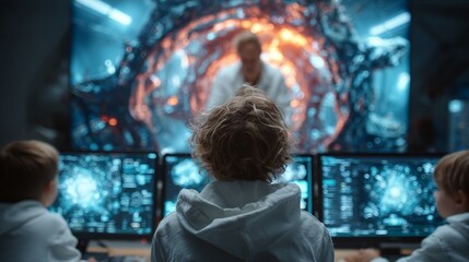 Obraz premium Intrigued children captivated by advanced science portal technology on screen in modern research laboratory, future exploration and discovery concept