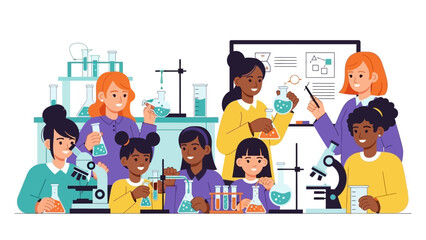 Illustration of diverse girls and women in lab coats engaging in science experiments on International Day of Women & Girls in Science in a colorful, educational setting.