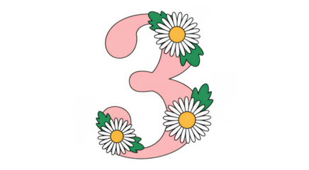Pink Number Three with Daisies flowers green leaves isolated on a transparent background