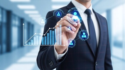 Businessman in a suit draws a glowing financial growth chart with interconnected user icons.