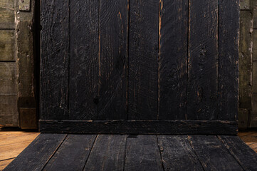 Photo zone with black background. Two wooden black backgrounds for the photo zone. Subject photo zone.