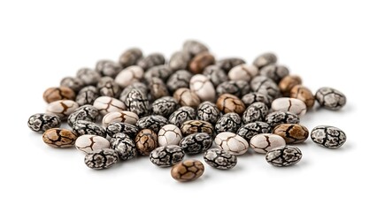 Obraz premium A detailed chia seed close-up centered on an isolated white background, featuring tiny oval seeds approximately 2mm in diameter with mottled patterns in gray, black, white and brown colors, 