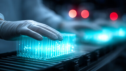 A gloved hand guiding illuminated laboratory test tubes representing scientific research process and controlled experimentation.
