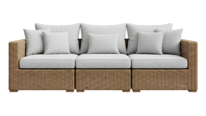 Wicker sofa with white cushions isolated on transparent background