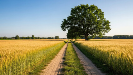 Dirt Road Through Golden Wheat Field Towards Large Oak Tree.