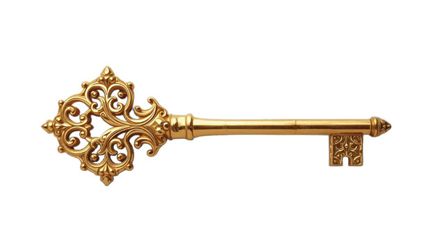 A gold ornate key on a transparent background