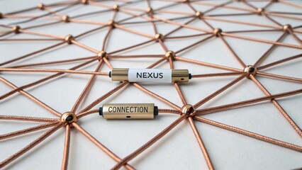 Meticulously constructed copper network featuring 'Nexus' and 'Connection' nodes, symbolizing technological integration and data flow.