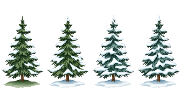 Four snowy pine trees isolated on transparent background - Powered by Adobe