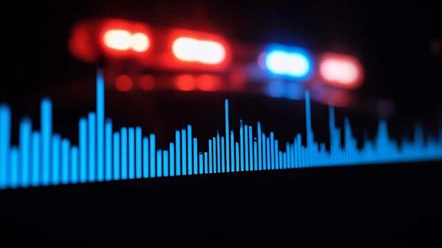 Abstract visualization of emergency siren sound waves and flashing lights.