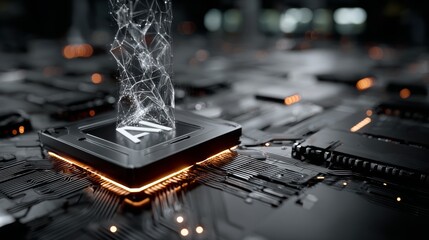 Stunning AI chip powering futuristic digital network with glowing circuits and abstract data visualization