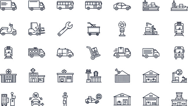 Logistics and transportation line icon set including trucks, ships, delivery vans, warehouses, and industrial vehicles isolated on white background for business.