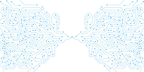 Blue circuit board technology background. Computer processor CPU concept. Futuristic network connection and communication. Vector