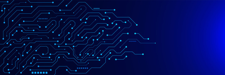 Technology circuit board texture on dark blue background. Big data visualization, digital network connection and hardware concept. Vector