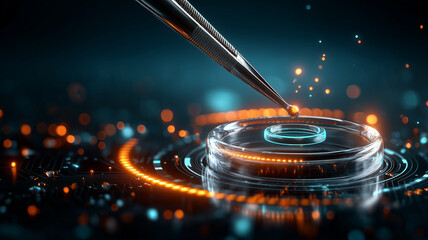 Precision tweezers holding a liquid droplet above a petri dish representing controlled laboratory analysis and scientific accuracy.
