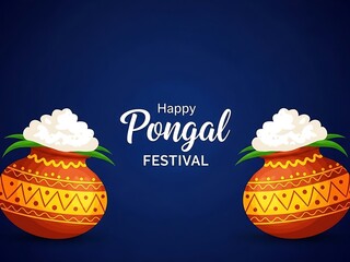 Two colorful pots with overflowing foam and Happy Pongal Festival text on blue background