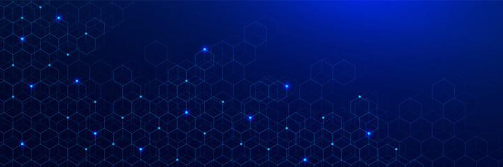 Futuristic technology design with hexagonal pattern with dots on dark blue background. Modern network connection, communication and  science concept. Vector