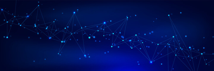 Futuristic technology network connection and global communication. Abstract connecting dots and lines on dark blue background. Design for modern science and technology concept. Vector