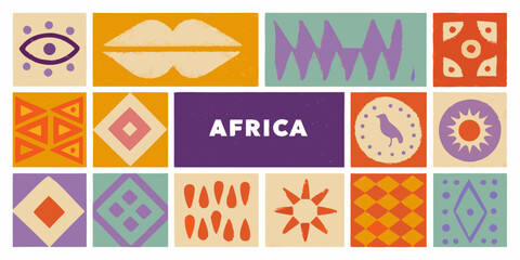 Fototapeta premium Colorful african inspired geometric patterns and designs with the word africa