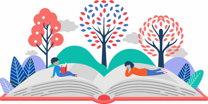 People reading and relaxing on an open book with colorful trees