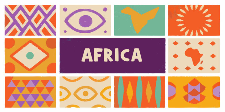 A colorful collage of african inspired patterns and a map of the continent